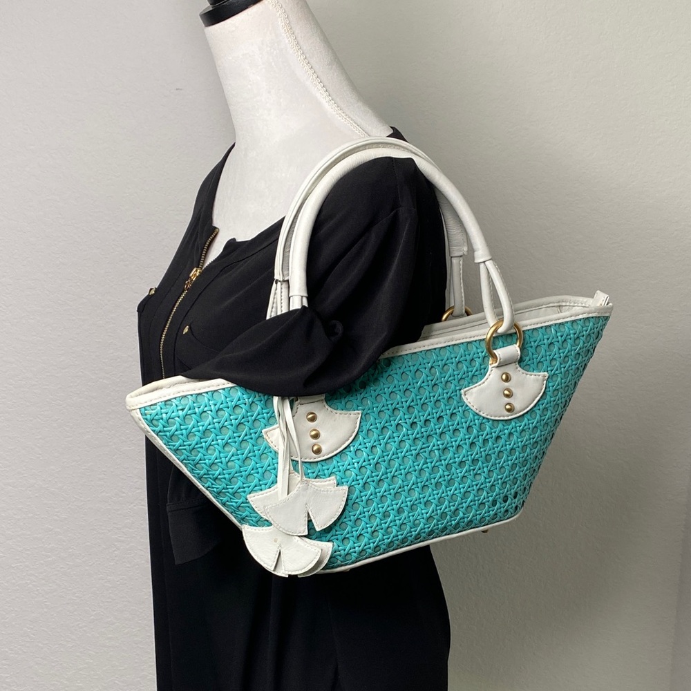 Inge Trapezoid Shoulder Bag Satchel in Turquoise Cane, White Trim, Linen Lining - Picture 3 of 15